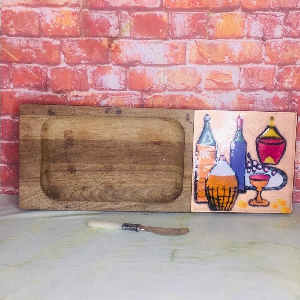 Vintage MCM Ernest SOHN Wooden Serving Tray with Enamel on Copper Accent